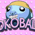 Modrá kreslená postavička s kloboukem a nápisem Sokoballs na růžovém pozadí s bílými puntíky