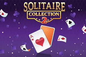 Logo s názvem hry Solitaire Collection 2 na fialovém pozadí s hracími kartami