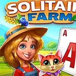 Mladá žena ve farmářském klobouku s kočkou, hracími kartami a zeleninou na pozadí venkovské krajiny