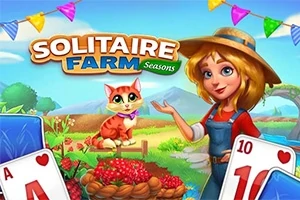 Mladá žena na farmě s kloboukem, vedle níž sedí oranžová kočka a před nimi jsou hrací karty