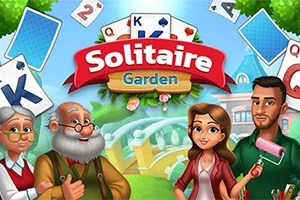 Čtyři kreslené postavy před mostem s velkými hracími kartami a logem Solitaire Garden v pozadí