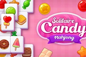 Barevný design s různými sladkostmi na kartičkách a růžovým nápisem Solitaire Candy Mahjong