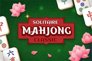 Zelené pozadí s obrázky květin lotosu a herními kameny s červeným nápisem Solitaire Mahjong Classic uprostřed