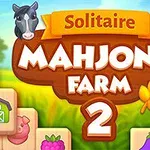 Na obrázku je nápis Solitaire Mahjong Farm 2 s ilustracemi krávy a koně na návsi ve venkovském stylu, s dalšími ikonami ovoce a zvířat na pozadí