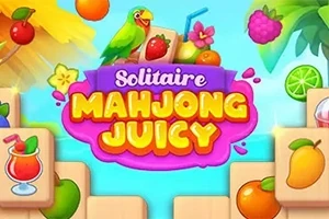 Barevný obrázek s ovocnými symboly, papouškem a nápisem zahrnujícím slova Mahjong Juicy