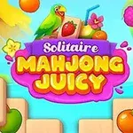 Barevný obrázek s ovocnými symboly, papouškem a nápisem zahrnujícím slova Mahjong Juicy