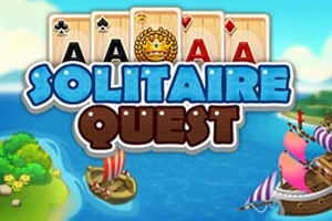 Název Solitaire Quest přes hrací karty s obrazy lodí na moři