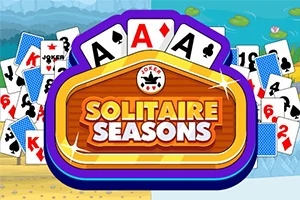 Karty různých druhů a hodnot, včetně žolíka, s nápisem Solitaire Seasons uprostřed