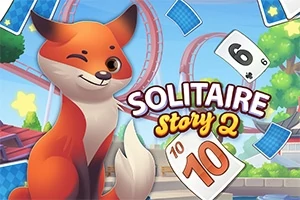 Usmívající se liška mrkající jedním okem, obklopená hracími kartami na pozadí s atrakcí, a nápisem „Solitaire Story 2“