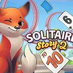 Usmívající se liška mrkající jedním okem, obklopená hracími kartami na pozadí s atrakcí, a nápisem „Solitaire Story 2“