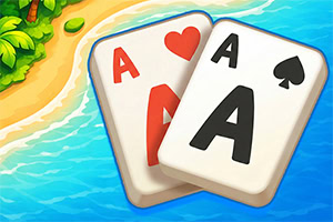 Dvě překryté hrací karty s esy (srdce a piky) na pozadí tropického pobřeží a modré mořské vody