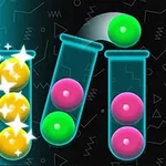 Tři zkumavky, jedna s žlutými koulemi, druhá s růžovými a zelenými koulemi, a třetí se zelenou koulí, na černém pozadí s geometrickými vzory