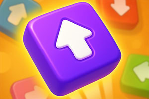 Fialová kostka s bílou šipkou směřující nahoru na oranžovém pozadí s rozmazanými kostkami různých barev