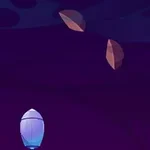 Futuristická loď střílí na hnědé asteroidy na tmavém fialovém pozadí