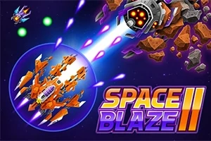Oranžová vesmírná loď střílí na obří mechanické monstrum ve vesmíru s nápisem Space Blaze II