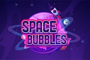 Barevné logo s nápisem Space Bubbles na pozadí planety s prstenci, malými planetkami a raketou v kosmickém prostoru