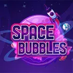 Barevné logo s nápisem Space Bubbles na pozadí planety s prstenci, malými planetkami a raketou v kosmickém prostoru