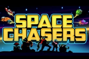 Siluety postav stojí před nápisem Space Chasers s vesmírnými loděmi a hvězdami v pozadí