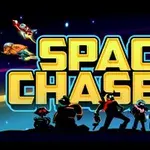 Siluety postav stojí před nápisem Space Chasers s vesmírnými loděmi a hvězdami v pozadí