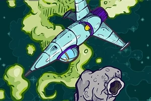 Kosmická raketa vznášející se v barevném vesmíru poblíž asteroidu