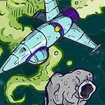 Kosmická raketa vznášející se v barevném vesmíru poblíž asteroidu