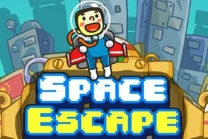 Postavička v skafandru stojí na stroji ve městě s nápisem Space Escape v popředí