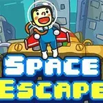 Postavička v skafandru stojí na stroji ve městě s nápisem Space Escape v popředí