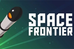 Raketa na barevném pozadí vedle velkého textu SPACE FRONTIER