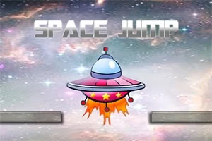UFO vznášející se mezi dvěma plošinami na vesmírném pozadí s nápisem SPACE JUMP