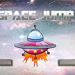 UFO vznášející se mezi dvěma plošinami na vesmírném pozadí s nápisem SPACE JUMP