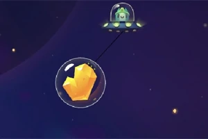 UFO ovládané postavou vznášející se nad vesmírem s bublinou obsahující zlatý krystal