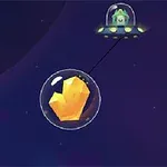 UFO ovládané postavou vznášející se nad vesmírem s bublinou obsahující zlatý krystal