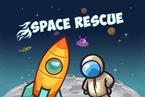 Kosmonaut ve skafandru stojí vedle rakety na povrchu měsíce s vesmírnými loděmi a meteory v pozadí