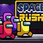 Barevní postavičky v helmách běžící ve vesmírném prostředí s nápisem Space Rush nahoře
