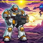Strojový válečník v brnění stojí na mimozemské planetě s futuristickou zbraní, zatímco v pozadí je vidět robot a barevná obloha s horizontem