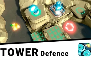 Izometrický pohled na věže a energetická pole na skalnaté plošině s nápisem Tower Defence