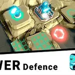 Izometrický pohled na věže a energetická pole na skalnaté plošině s nápisem Tower Defence