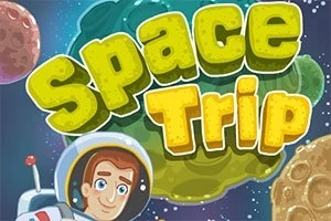 Barevný nápis Space Trip na pozadí vesmíru s několika planetami a postavou astronauta v helmě