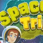 Barevný nápis Space Trip na pozadí vesmíru s několika planetami a postavou astronauta v helmě