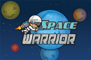 Astronaut s raketovým pohonem letí před velkou modrou planetou s názvem Space Warrior a kulisou různobarevných planet v pozadí