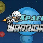Astronaut s raketovým pohonem letí před velkou modrou planetou s názvem Space Warrior a kulisou různobarevných planet v pozadí