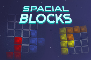 Název „Spacial Blocks“ na modrém pozadí s rozestavěnými barevnými bloky v červené, modré a žluté barvě