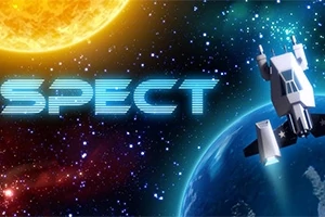 Kosmická loď létající u planety s jasným sluncem na pozadí a textem SPECT