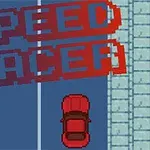 Červené auto na silnici s nápisem SPEED RACER nahoře v pixelovém stylu