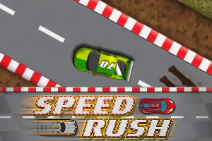 Závodní auto na trati s červeno-bílými okraji a nápisem Speed Rush