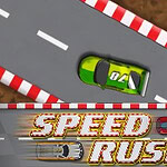 Závodní auto na trati s červeno-bílými okraji a nápisem Speed Rush