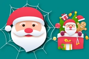 Santa Claus s červenou čepicí a bílým plnovousem na pavučině vedle vánočních ozdob a dárku