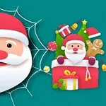 Santa Claus s červenou čepicí a bílým plnovousem na pavučině vedle vánočních ozdob a dárku