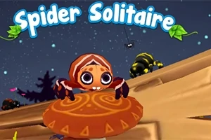 Roztomilý ilustrativní pavouk držící kulatý předmět s noční oblohou a nápisem Spider Solitaire v pozadí