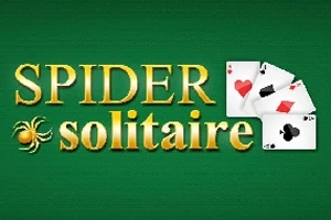 Žlutý nápis Spider Solitaire na zeleném pozadí s pavučinou a hracími kartami